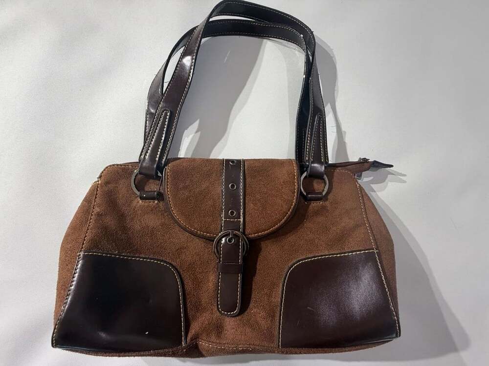 Y2K Brown Faux Suede Buckle Shoulder Bag Tote Western Boho 2000s Vintage